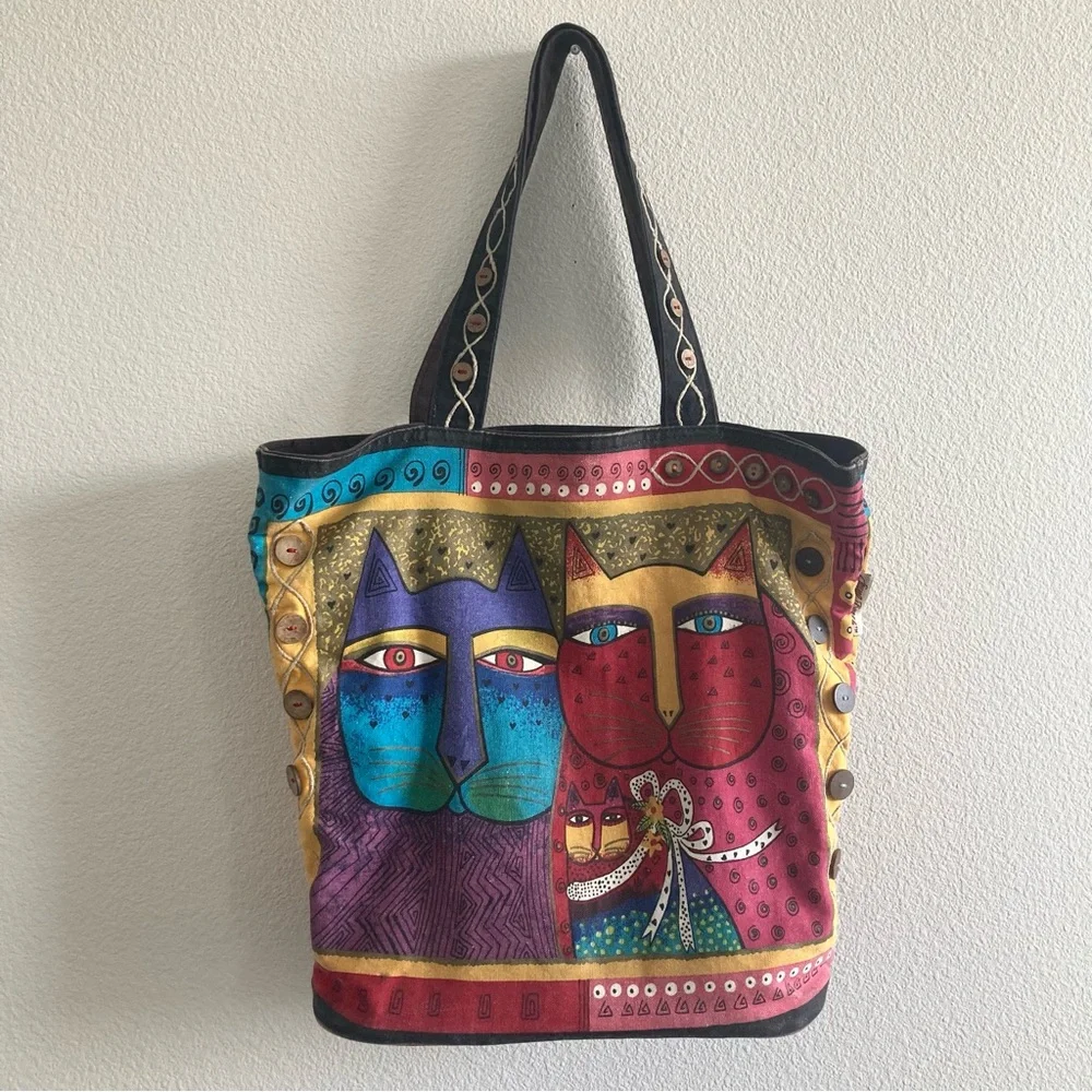 Laurel Burch Colorful Boho Cats Tote Bag Novelty Print Funky Artsy Art Teacher